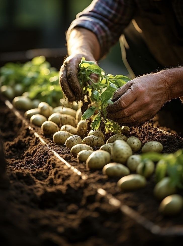 Hands picking potatoes from soil