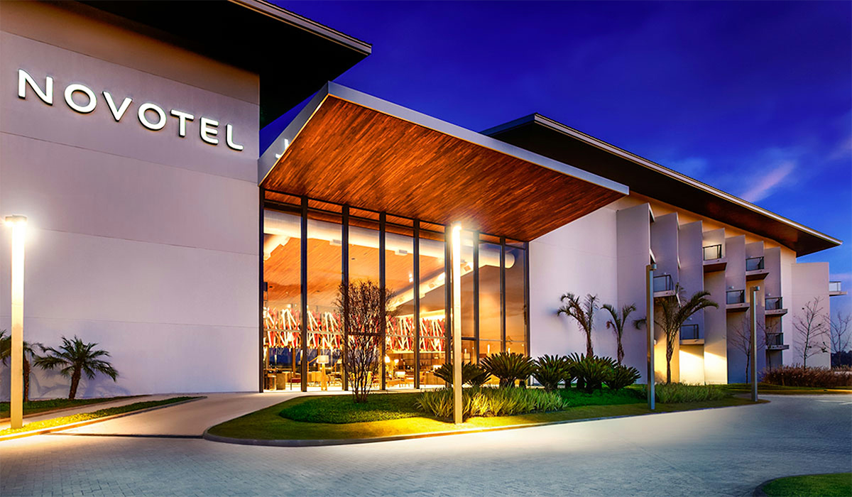 Novotel hotel exterior at dusk